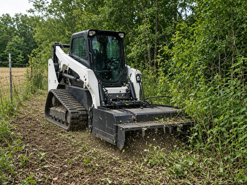 Skid steer loader with brush-clearing attachment clearing thick brush and overgrowth