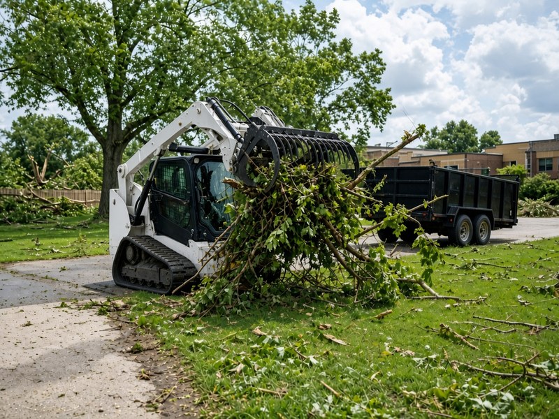 White and black tracked skid steer picking up fallen branches off a lawn next to a driveway and dump trailer